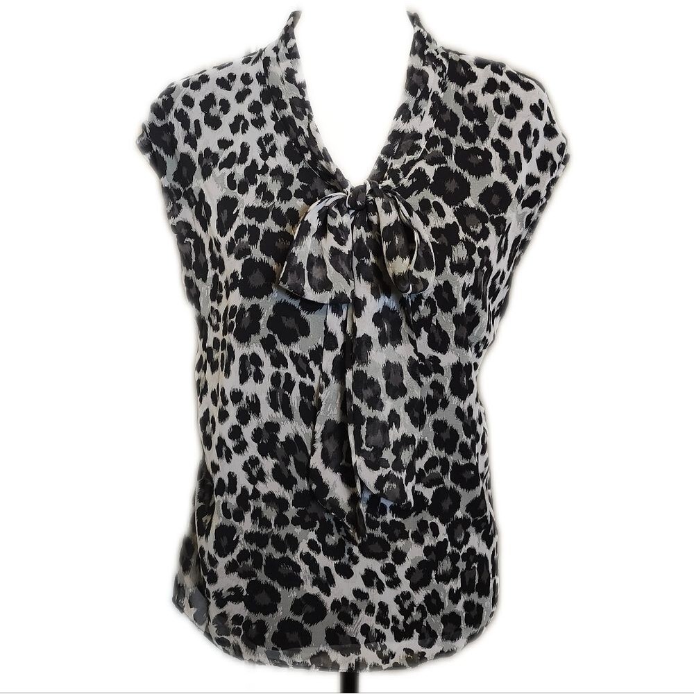 New York and Company sleeveless tie neck blouse, black back animal print front S